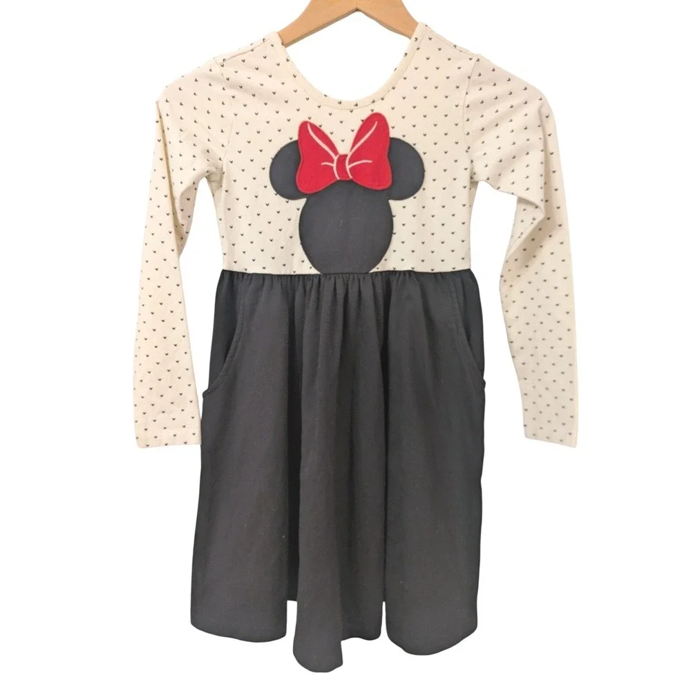 Disney Hanna Andersson Minnie Mouse Dress Girls Size 8 Black White Long Sleeve